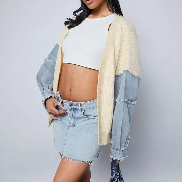 Beige Casual Women's Colorblock Mixed Fabric Sleeve Open Cardigan - Picture 4 of 5